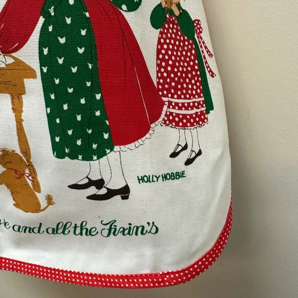 Vintage Holly Hobbie Christmas Half Apron Red Polka Dot Holiday Wishes USA Made